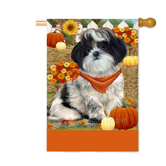 Personalized Fall Autumn Greeting Shih Tzu Dog with Pumpkins Custom House Flag FLG-DOTD-A62110