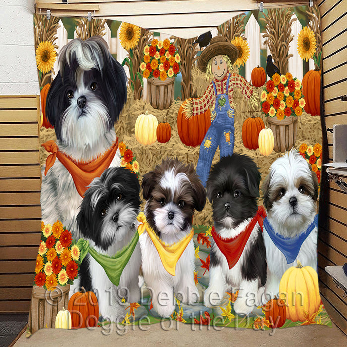 Fall Festive Harvest Time Gathering Shih Tzu Dogs Quilt