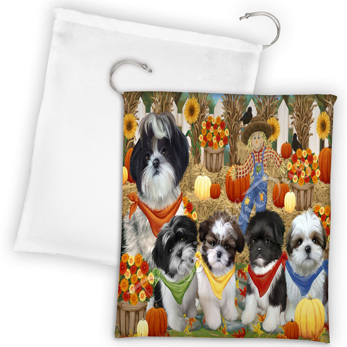 Fall Festive Harvest Time Gathering Shih Tzu Dogs Drawstring Laundry or Gift Bag LGB48438