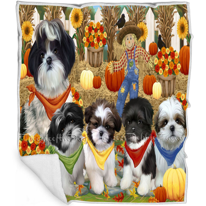 Fall Festive Gathering Shih Tzus Dog with Pumpkins Blanket BLNKT73335