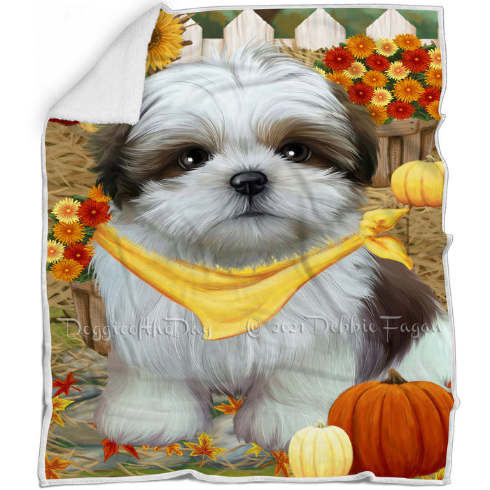Fall Autumn Greeting Shih Tzu Dog with Pumpkins Blanket BLNKT73902