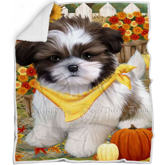 Fall Autumn Greeting Shih Tzu Dog with Pumpkins Blanket BLNKT73911