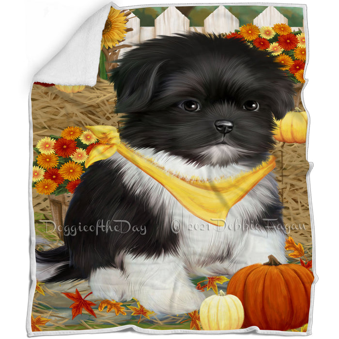 Fall Autumn Greeting Shih Tzu Dog with Pumpkins Blanket BLNKT73920