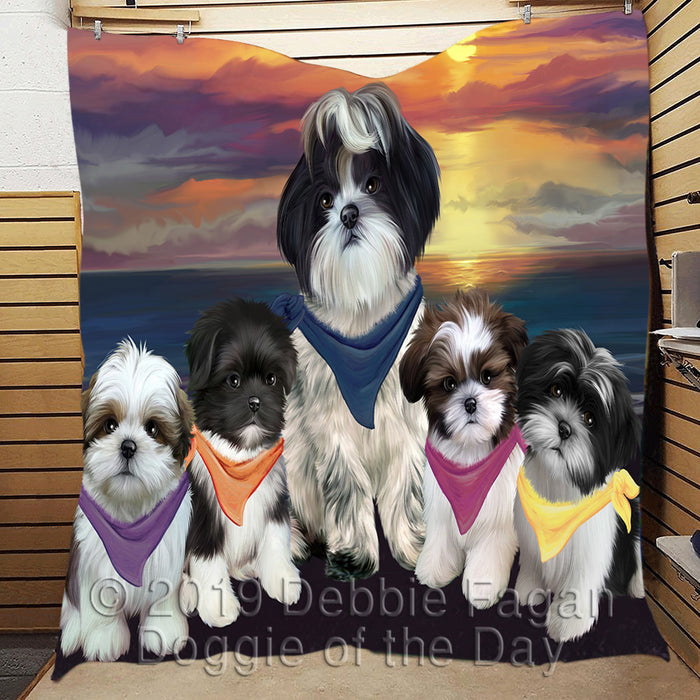 Family Sunset Portrait Shih Tzu Dogs Quilt