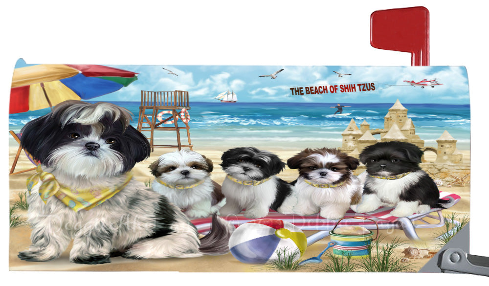 Pet Friendly Beach Shih Tzu Dogs Magnetic Mailbox Cover Both Sides Pet Theme Printed Decorative Letter Box Wrap Case Postbox Thick Magnetic Vinyl Material