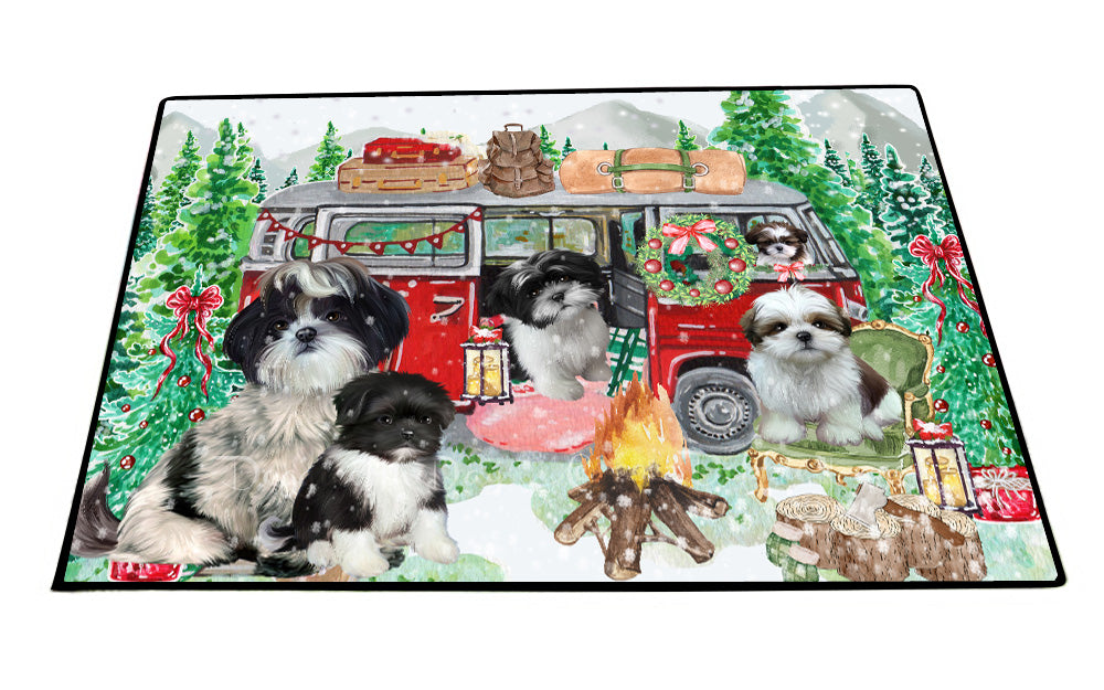 Christmas Time Camping with Shih Tzu Dogs Floor Mat- Anti-Slip Pet Door Mat Indoor Outdoor Front Rug Mats for Home Outside Entrance Pets Portrait Unique Rug Washable Premium Quality Mat
