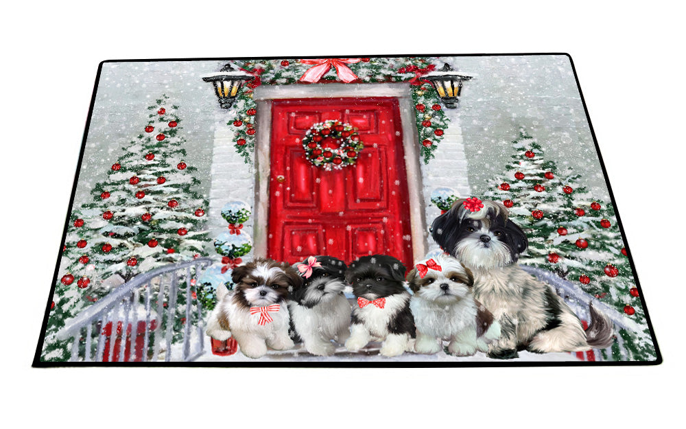 Christmas Holiday Welcome Shih Tzu Dogs Floor Mat- Anti-Slip Pet Door Mat Indoor Outdoor Front Rug Mats for Home Outside Entrance Pets Portrait Unique Rug Washable Premium Quality Mat