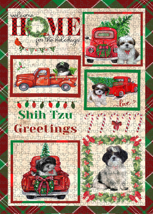 Welcome Home for Christmas Holidays Shih Tzu Dogs Portrait Jigsaw Puzzle for Adults Animal Interlocking Puzzle Game Unique Gift for Dog Lover's with Metal Tin Box