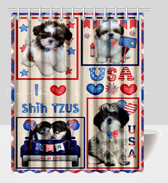 4th of July Independence Day I Love USA Shih Tzu Dogs Shower Curtain Pet Painting Bathtub Curtain Waterproof Polyester One-Side Printing Decor Bath Tub Curtain for Bathroom with Hooks