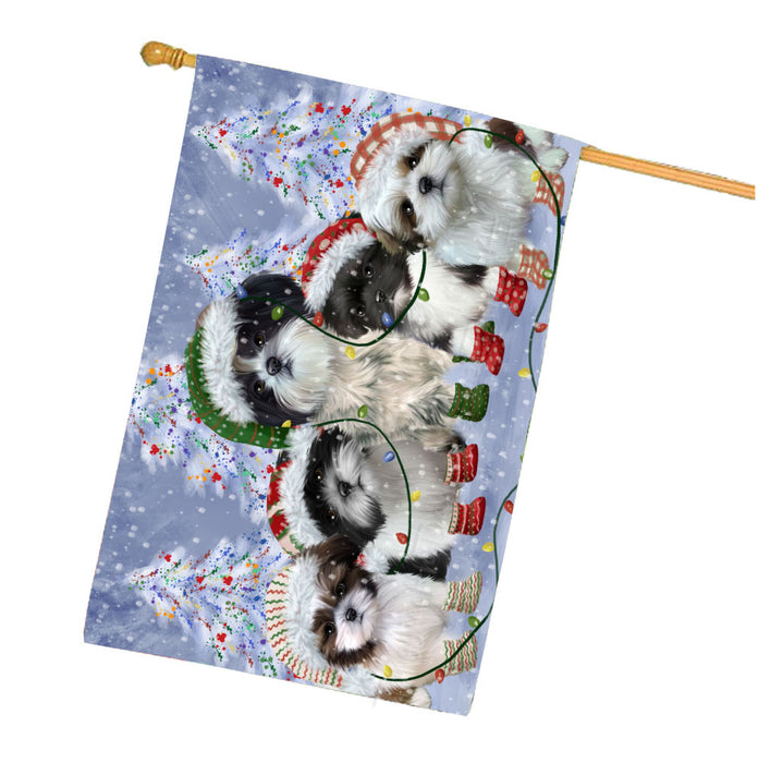 Christmas Lights and Shih Tzu Dogs House Flag Outdoor Decorative Double Sided Pet Portrait Weather Resistant Premium Quality Animal Printed Home Decorative Flags 100% Polyester
