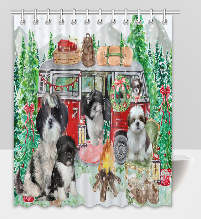 Christmas Time Camping with Shih Tzu Dogs Shower Curtain Pet Painting Bathtub Curtain Waterproof Polyester One-Side Printing Decor Bath Tub Curtain for Bathroom with Hooks