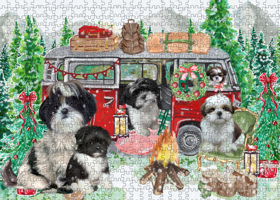 Christmas Time Camping with Shih Tzu Dogs Portrait Jigsaw Puzzle for Adults Animal Interlocking Puzzle Game Unique Gift for Dog Lover's with Metal Tin Box