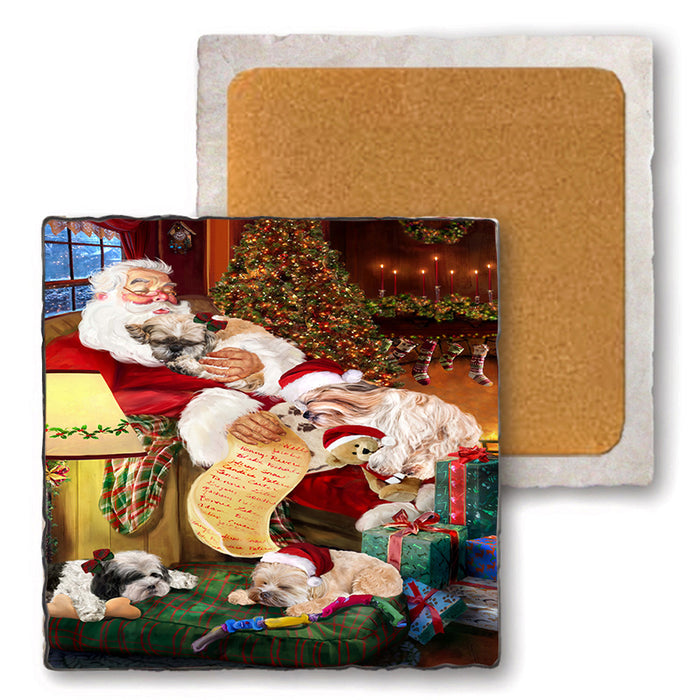 Set of 4 Natural Stone Marble Tile Coasters - Shih Tzus Dog and Puppies Sleeping with Santa MCST48120