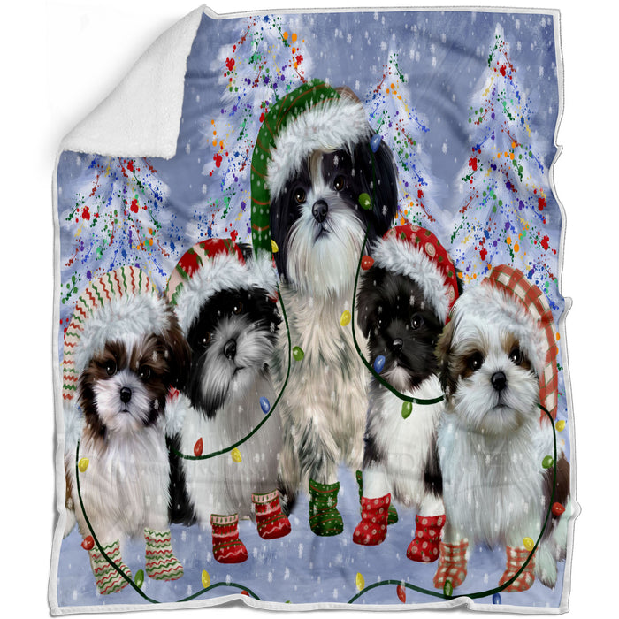 Christmas Lights and Shih Tzu Dogs Blanket - Lightweight Soft Cozy and Durable Bed Blanket - Animal Theme Fuzzy Blanket for Sofa Couch