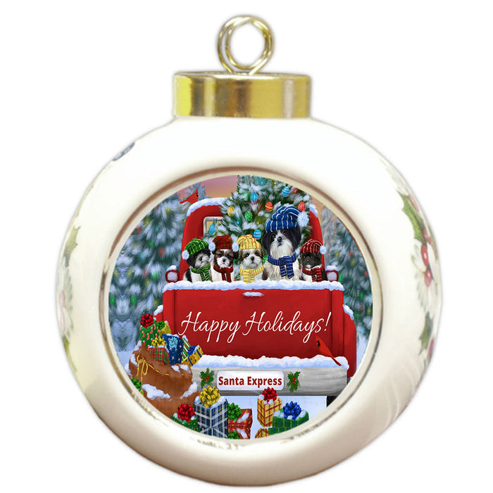 Christmas Red Truck Travlin Home for the Holidays Shih Tzu Dogs Round Ball Christmas Ornament Pet Decorative Hanging Ornaments for Christmas X-mas Tree Decorations - 3" Round Ceramic Ornament