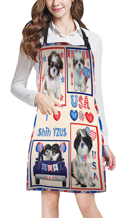 4th of July Independence Day I Love USA Shih Tzu Dogs Apron - Adjustable Long Neck Bib for Adults - Waterproof Polyester Fabric With 2 Pockets - Chef Apron for Cooking, Dish Washing, Gardening, and Pet Grooming