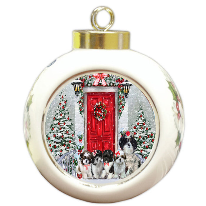 Christmas Holiday Welcome Shih Tzu Dogs Round Ball Christmas Ornament Pet Decorative Hanging Ornaments for Christmas X-mas Tree Decorations - 3" Round Ceramic Ornament