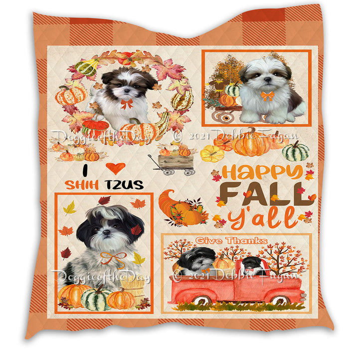 Happy Fall Y'all Pumpkin Shih Tzu Dogs Quilt Bed Coverlet Bedspread - Pets Comforter Unique One-side Animal Printing - Soft Lightweight Durable Washable Polyester Quilt