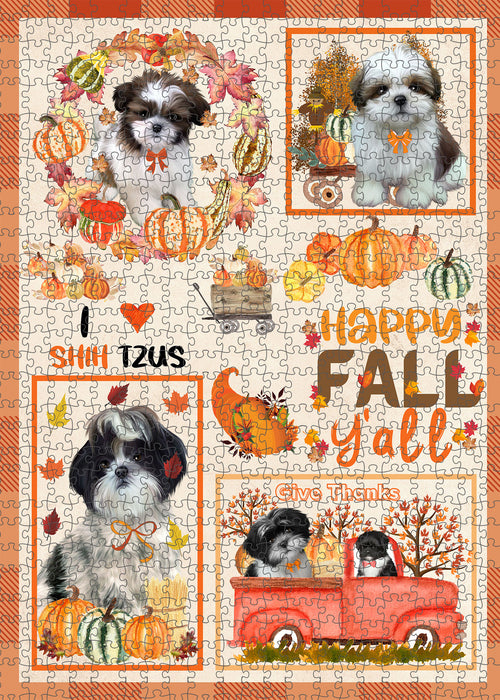 Happy Fall Y'all Pumpkin Shih Tzu Dogs Portrait Jigsaw Puzzle for Adults Animal Interlocking Puzzle Game Unique Gift for Dog Lover's with Metal Tin Box