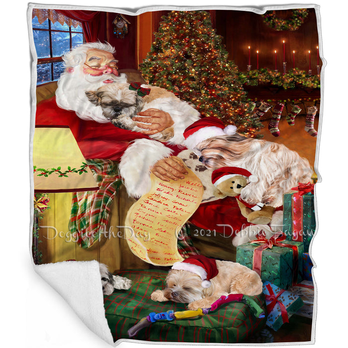 Shih Tzu Dog and Puppies Sleeping with Santa Blanket