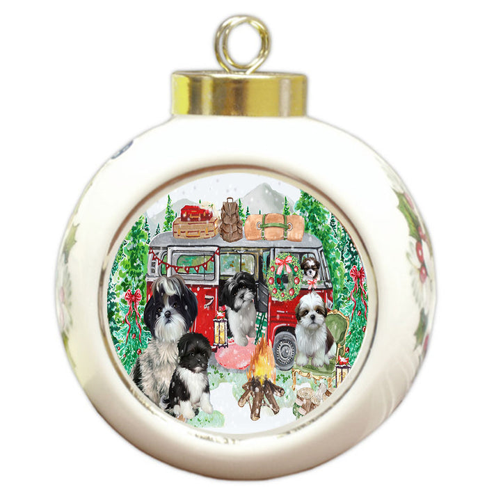 Christmas Time Camping with Shih Tzu Dogs Round Ball Christmas Ornament Pet Decorative Hanging Ornaments for Christmas X-mas Tree Decorations - 3" Round Ceramic Ornament