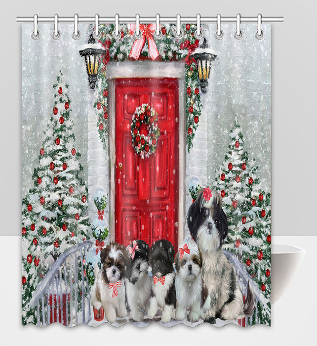 Christmas Holiday Welcome Shih Tzu Dogs Shower Curtain Pet Painting Bathtub Curtain Waterproof Polyester One-Side Printing Decor Bath Tub Curtain for Bathroom with Hooks