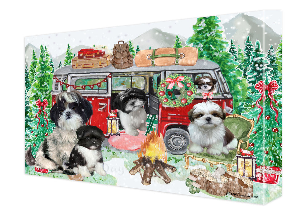 Christmas Time Camping with Shih Tzu Dogs Canvas Wall Art - Premium Quality Ready to Hang Room Decor Wall Art Canvas - Unique Animal Printed Digital Painting for Decoration