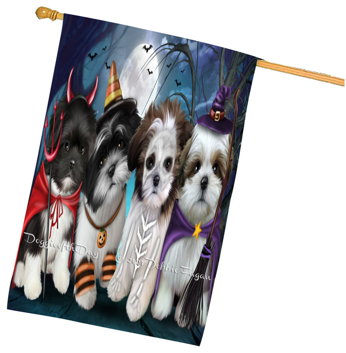Halloween Trick or Treat Shih Tzu Dogs House Flag Outdoor Decorative Double Sided Pet Portrait Weather Resistant Premium Quality Animal Printed Home Decorative Flags 100% Polyester
