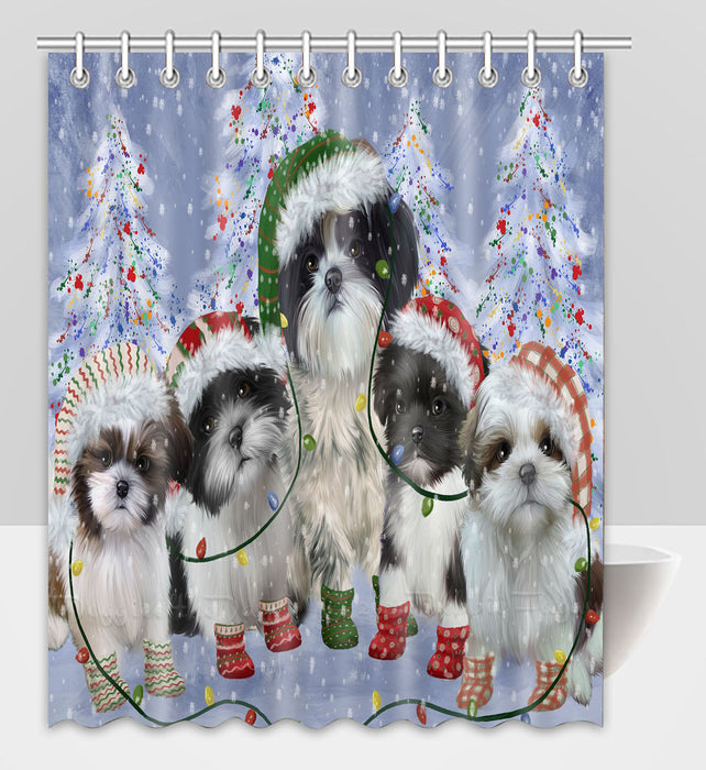 Christmas Lights and Shih Tzu Dogs Shower Curtain Pet Painting Bathtub Curtain Waterproof Polyester One-Side Printing Decor Bath Tub Curtain for Bathroom with Hooks