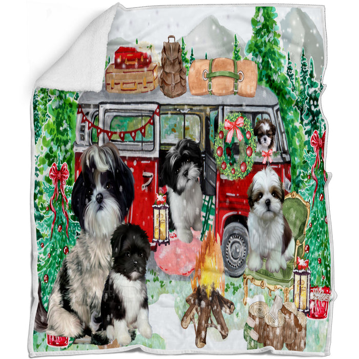 Christmas Time Camping with Shih Tzu Dogs Blanket - Lightweight Soft Cozy and Durable Bed Blanket - Animal Theme Fuzzy Blanket for Sofa Couch