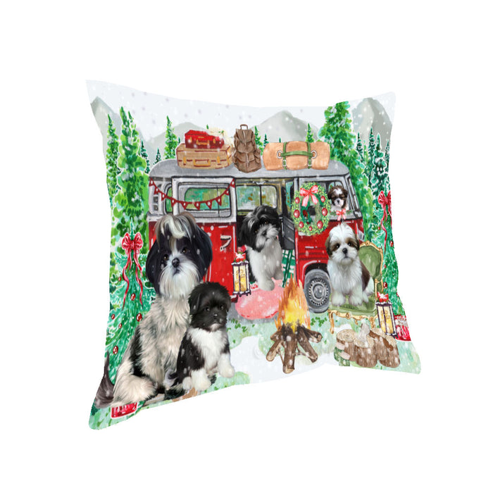 Christmas Time Camping with Shih Tzu Dogs Pillow with Top Quality High-Resolution Images - Ultra Soft Pet Pillows for Sleeping - Reversible & Comfort - Ideal Gift for Dog Lover - Cushion for Sofa Couch Bed - 100% Polyester