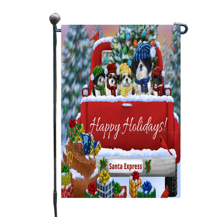 Christmas Red Truck Travlin Home for the Holidays Shih Tzu Dogs Garden Flags- Outdoor Double Sided Garden Yard Porch Lawn Spring Decorative Vertical Home Flags 12 1/2"w x 18"h