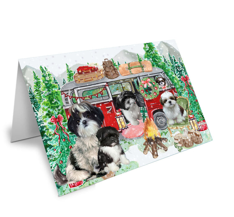 Christmas Time Camping with Shih Tzu Dogs Handmade Artwork Assorted Pets Greeting Cards and Note Cards with Envelopes for All Occasions and Holiday Seasons