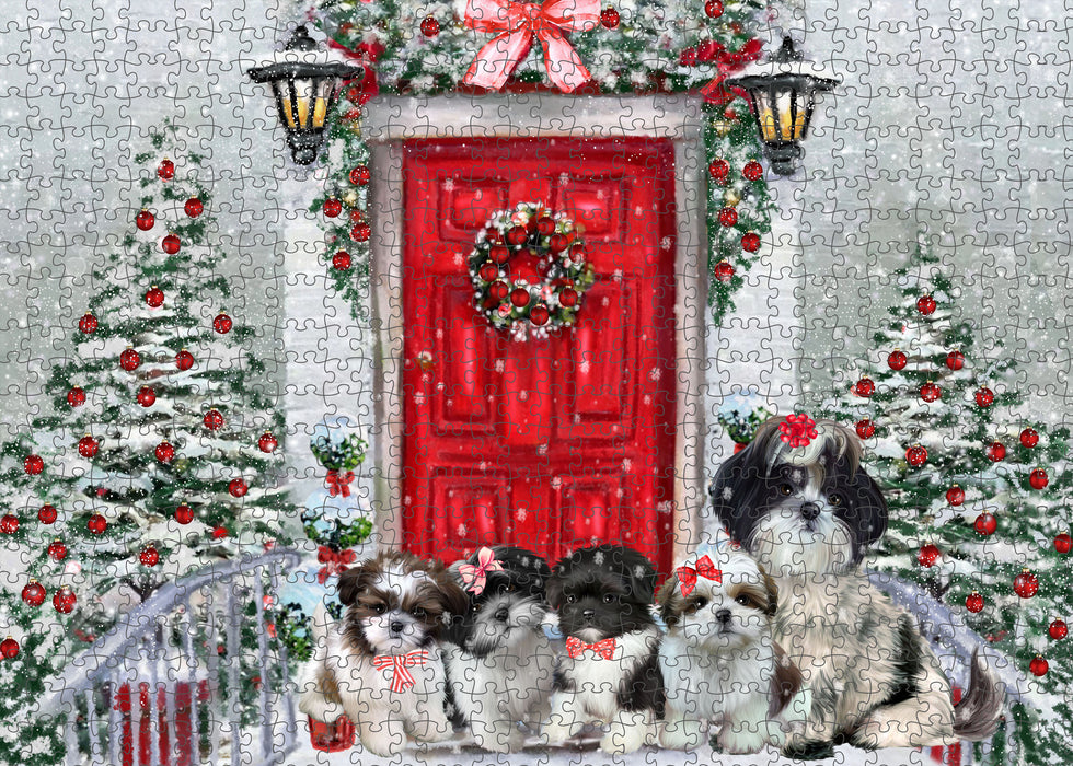 Christmas Holiday Welcome Shih Tzu Dogs Portrait Jigsaw Puzzle for Adults Animal Interlocking Puzzle Game Unique Gift for Dog Lover's with Metal Tin Box