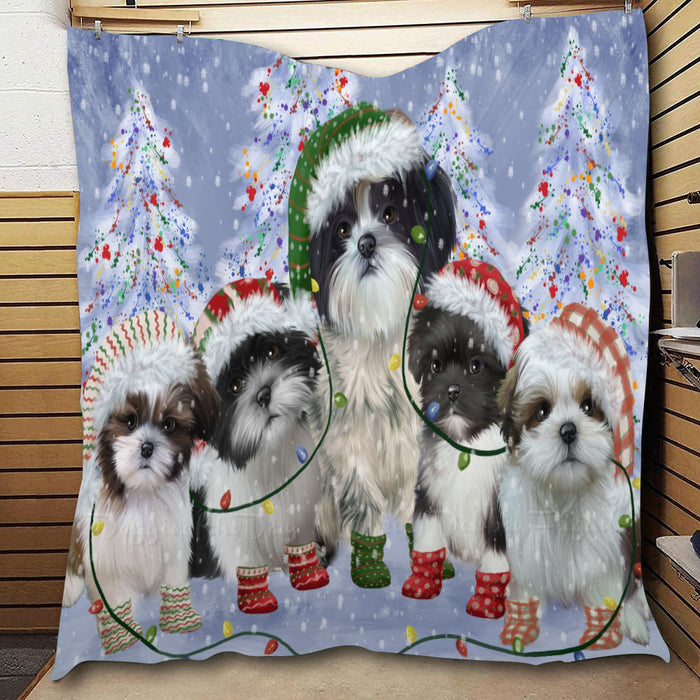 Christmas Lights and Shih Tzu Dogs  Quilt Bed Coverlet Bedspread - Pets Comforter Unique One-side Animal Printing - Soft Lightweight Durable Washable Polyester Quilt