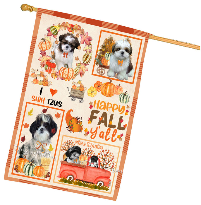Happy Fall Y'all Pumpkin Shih Tzu Dogs House Flag Outdoor Decorative Double Sided Pet Portrait Weather Resistant Premium Quality Animal Printed Home Decorative Flags 100% Polyester