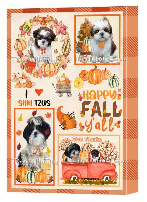 Happy Fall Y'all Pumpkin Shih Tzu Dogs Canvas Wall Art - Premium Quality Ready to Hang Room Decor Wall Art Canvas - Unique Animal Printed Digital Painting for Decoration