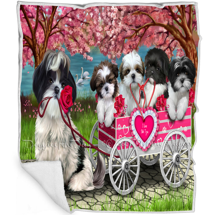 I Love Shih Tzu Dogs in a Cart Art Portrait Print Woven Throw Sherpa Plush Fleece Blanket