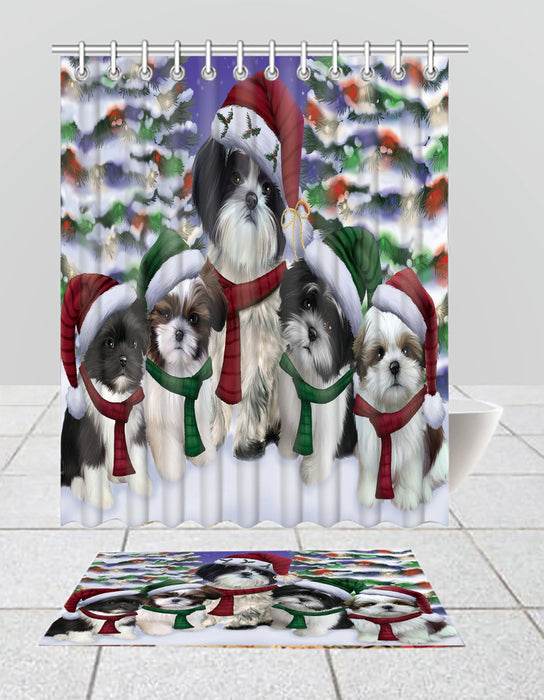 Shih Tzu Dogs Christmas Family Portrait in Holiday Scenic Background  Bath Mat and Shower Curtain Combo