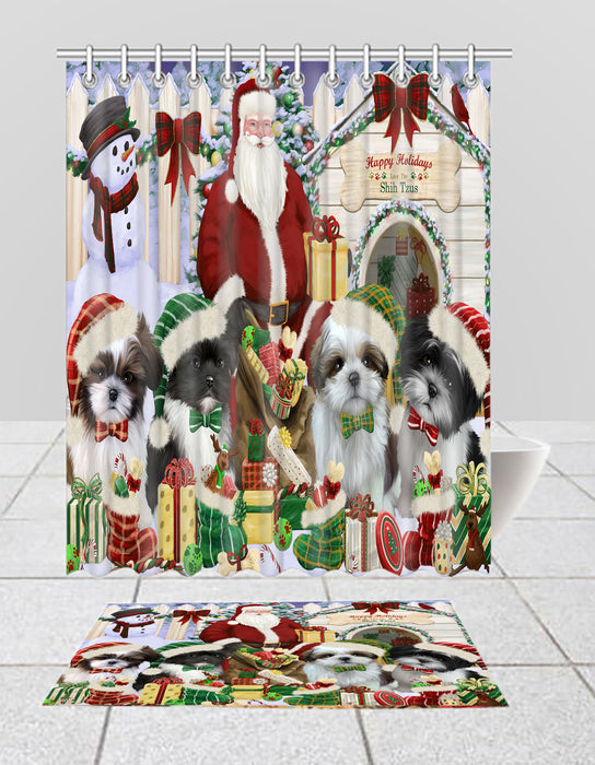Happy Holidays Christmas Shih Tzu Dogs House Gathering Bath Mat and Shower Curtain Combo
