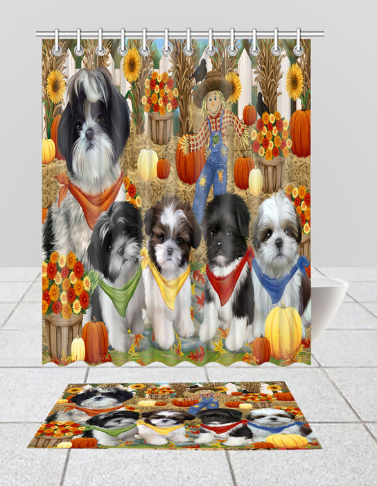 Fall Festive Harvest Time Gathering Shih Tzu Dogs Bath Mat and Shower Curtain Combo