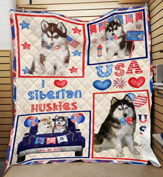 4th of July Independence Day I Love USA Siberian Husky Dogs Quilt Bed Coverlet Bedspread - Pets Comforter Unique One-side Animal Printing - Soft Lightweight Durable Washable Polyester Quilt