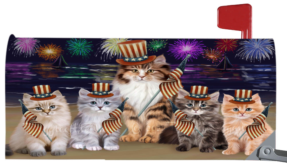 4th of July Independence Day Siberian Cats Magnetic Mailbox Cover Both Sides Pet Theme Printed Decorative Letter Box Wrap Case Postbox Thick Magnetic Vinyl Material