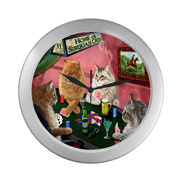 Home of Siberian Cat Playing Poker Silver Wall Clocks