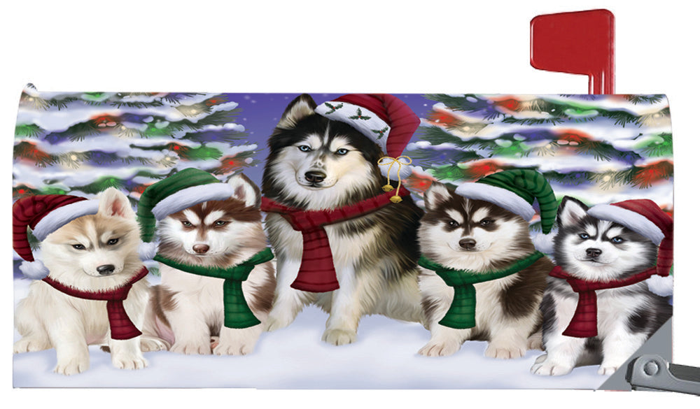 Magnetic Mailbox Cover Siberian Huskies Dog Christmas Family Portrait in Holiday Scenic Background MBC48257