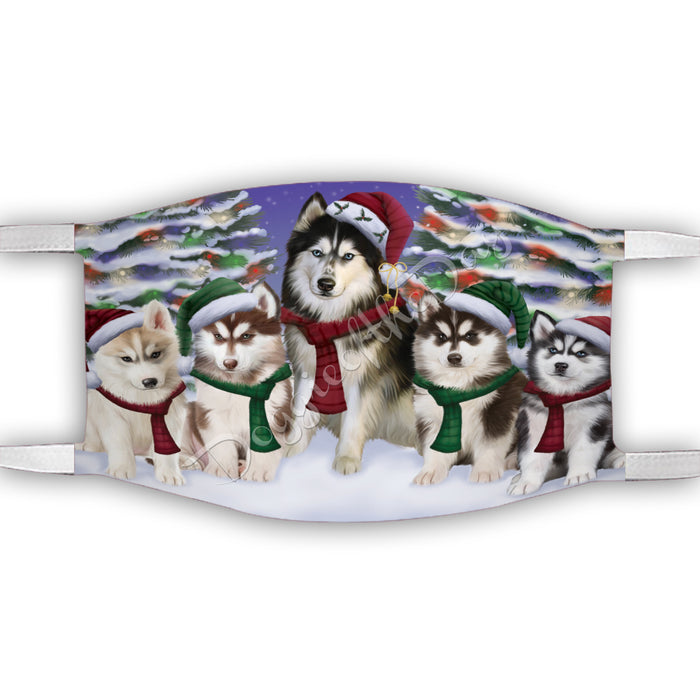 Siberian Husky Dogs Christmas Family Portrait in Holiday Scenic Background Face Mask FM48380