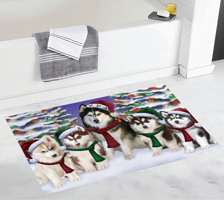 Siberian Husky Dogs Christmas Family Portrait in Holiday Scenic Background Bath Mat