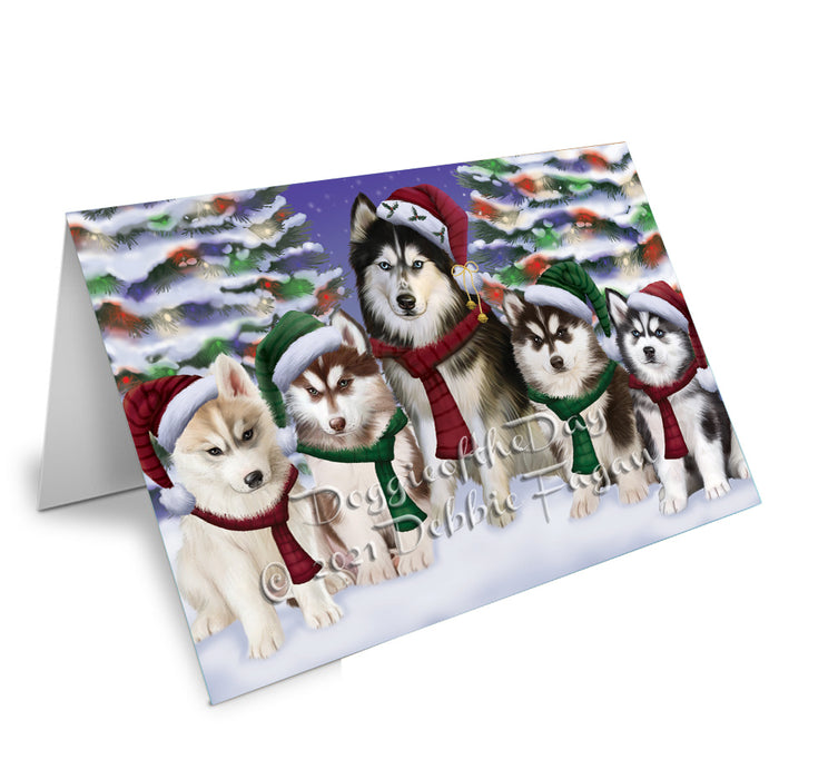 Christmas Family Portrait Siberian Husky Dog Handmade Artwork Assorted Pets Greeting Cards and Note Cards with Envelopes for All Occasions and Holiday Seasons
