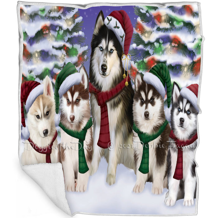 Siberian Huskies Dog Christmas Family Portrait in Holiday Scenic Background Art Portrait Print Woven Throw Sherpa Plush Fleece Blanket