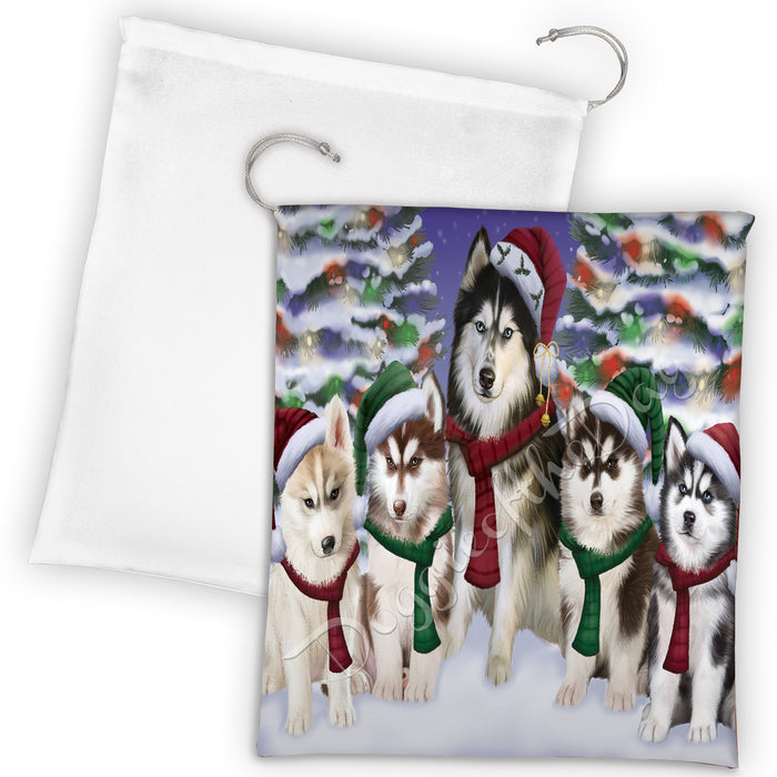 Siberian Husky Dogs Christmas Family Portrait in Holiday Scenic Background Drawstring Laundry or Gift Bag LGB48178